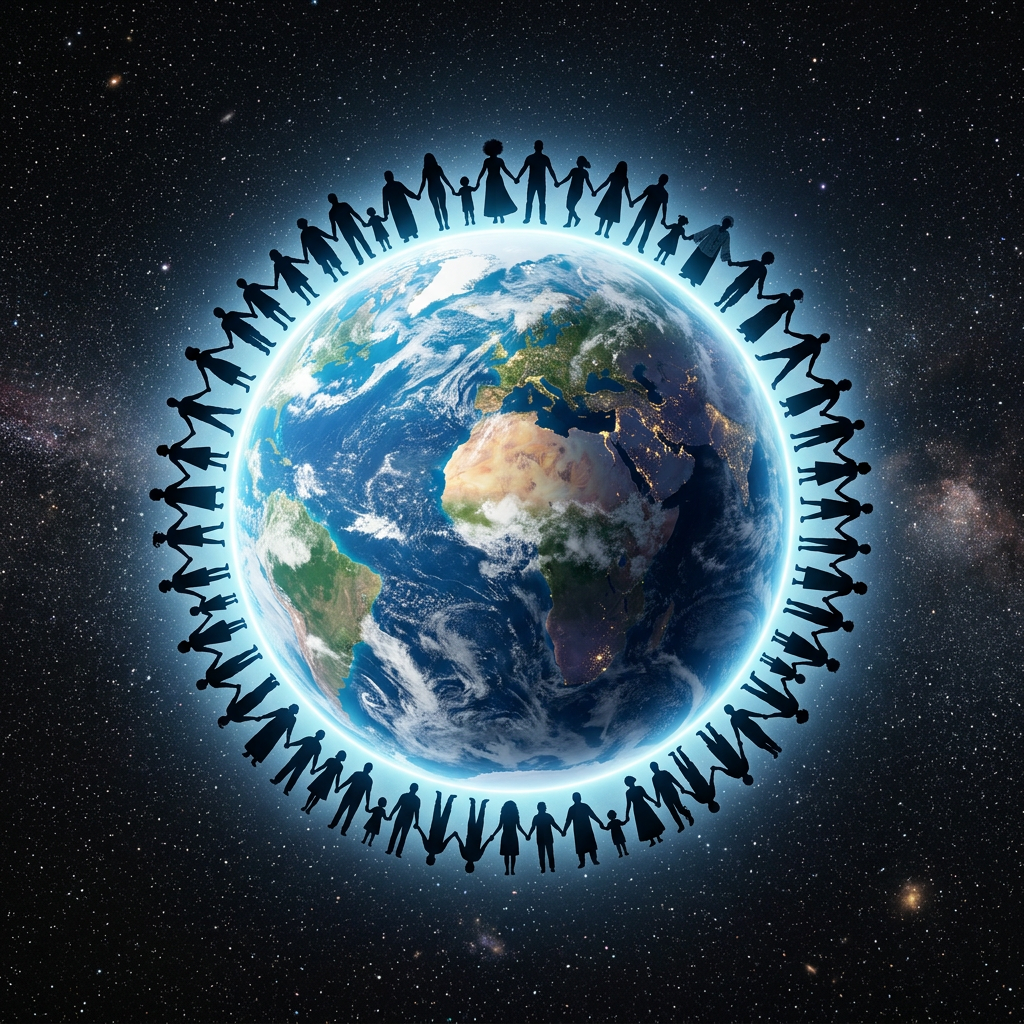 Silhouettes of diverse people holding hands around the Earth against a starry space background