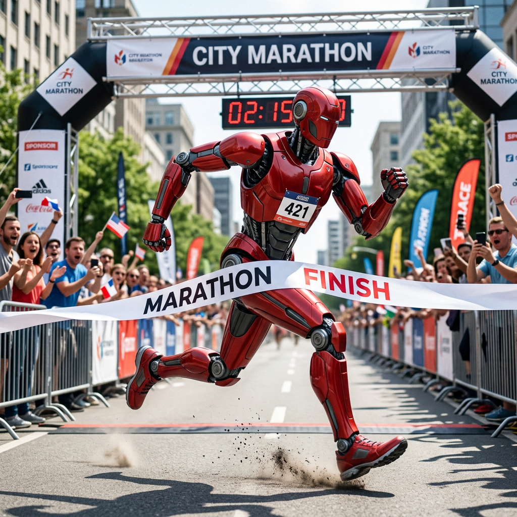 Red robot crossing marathon finish line with number 421 and cheering crowd